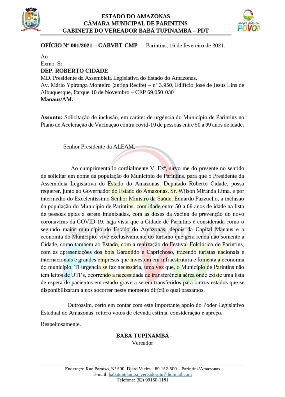 Babá Tupinambá pede inclusão do município de Parintins no Plano de Vacinação para pessoas acima de 50 anos