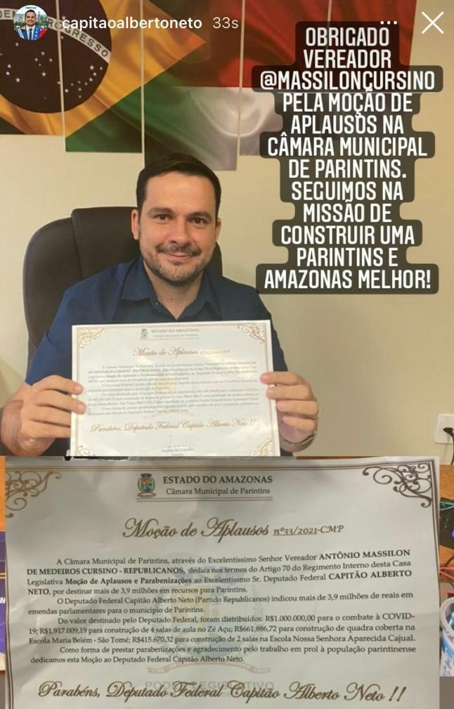 Massilon recebe agradecimento pela moção de aplausos ao Dep. Federal Cap. Alberto Neto