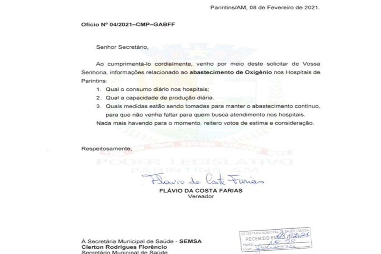 Vereador Flávio Farias solicita informações sobre abastecimento de oxigênio nos Hospitais de Parintins