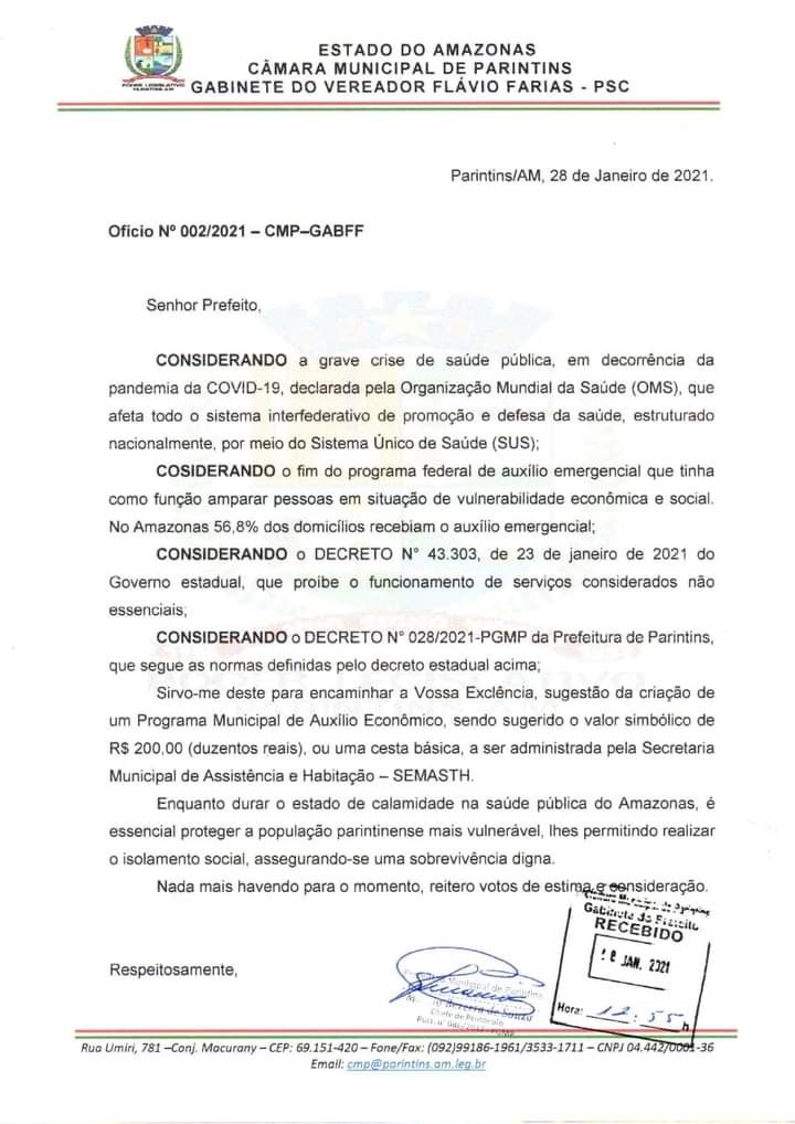 Vereador Flávio Farias sugere criação de Programa Municipal de Auxílio Econômico